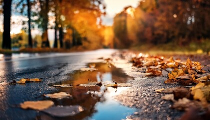 Fototapeta premium Autumn Reflection: Rain-Soaked Road with Fallen Leaves and Sky in Puddles