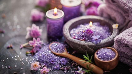 Purple candles and lavender spa essentials