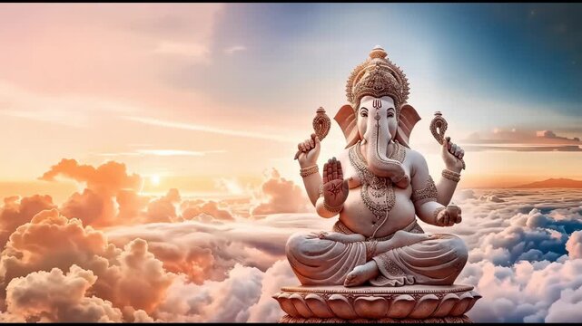 Ethereal Lord Ganesha Sitting Above Clouds During a Serene Sunrise