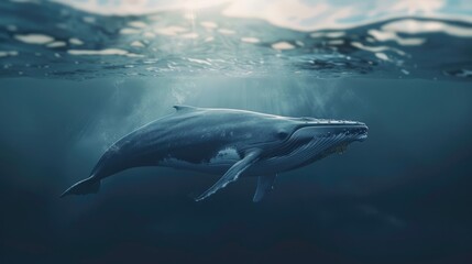 The picture of the blue whale is swimming in the ocean with the bright light of the sun, blue whale is the largest mammal animal known to have ever existed, both in terms of length and weight. AIG51.