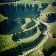 Beautiful aerial landscape on green backdrop. Beautiful scenery. Beautiful natural landscape. Natural background. Air transportation. Aerial view. Top view.
