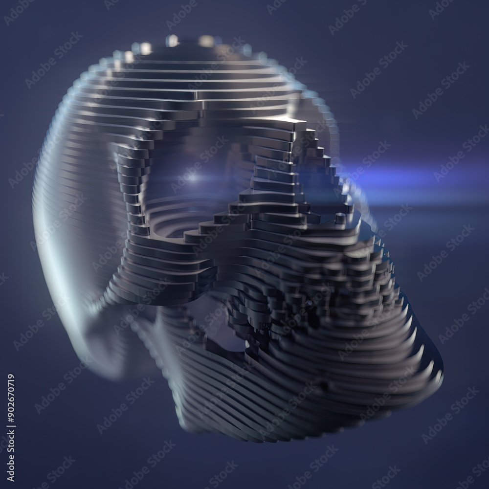Leinwandbilder dark glossy skull composed of a pattern of stripes and illuminated by bright flashes of light. 3d re