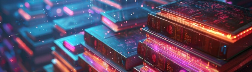 Obraz premium Futuristic Digital Library with Glowing Books and Neon Lights in a Sci-Fi Setting