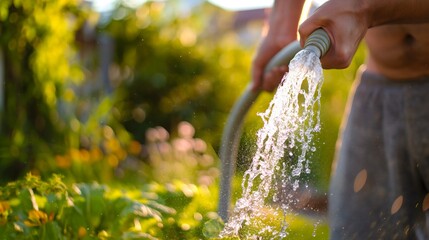Man watering backyard garden with hose. Summer irrigation system, vegetable plant flower growth, agricultural organic farm equipment, village lifestyle, outdoor sprinklers, horticulture maintenance