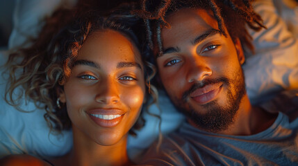 Happy young couple relaxing on cozy couch, using computer tablet together, smiling beautiful woman and man hugging, looking at device screen, watching movie or video, shopping online, browsing apps