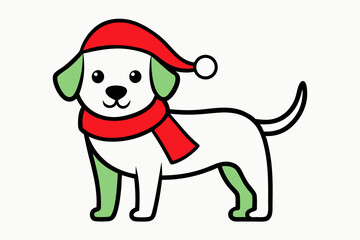 Vector Line Art of Christmas Cute Dog with Santa Claus Hat and Scarf in White Background