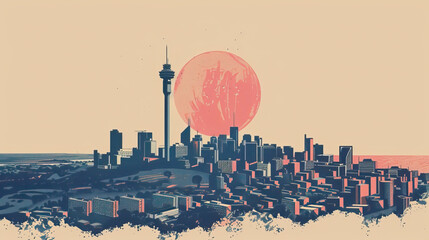 Fototapeta premium Risograph vibrant riso print travel poster, card, wallpaper or banner illustration, modern, isolated, clear, simple of Johannesburg, South Africa. Artistic, screen printing, stencil