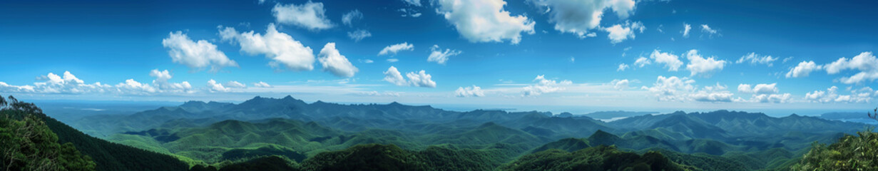 Fototapeta premium panoramic view of mountains with forest, sunny day, blue sky, 