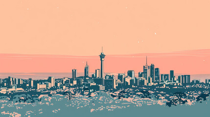 Obraz premium Risograph vibrant riso print travel poster, card, wallpaper or banner illustration, modern, isolated, clear, simple of Johannesburg, South Africa. Artistic, screen printing, stencil