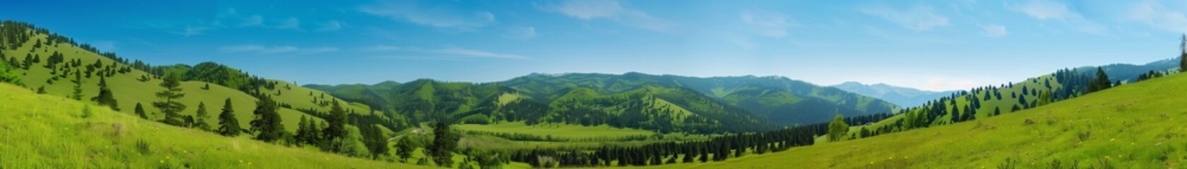 panoramic photo of beautiful green mountains and forests, grassy hills, clear blue sky