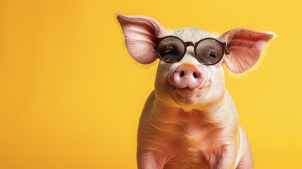 Pink piggy wearing sunglasses, set against a sunny yellow background