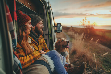 Naklejka na ściany i meble Couple and dog enjoy they vacation with beautiful landscape view on camper van. Road trip, holiday