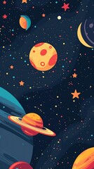 A colorful space illustration featuring planets, stars, and a moon against a dark starry background, ideal for children's educational materials, posters, and themed invitations,