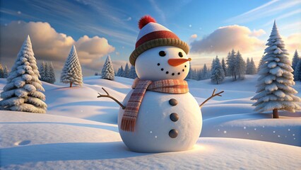 Obraz premium A 3D cartoon cheerful snowman in the snow with a hat, scarf, and carrot nose, standing in a snowy landscape.