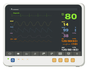 Medical equipment, Patient monitoring equipment, essential tools in healthcare, continuously track record patient vital signs physiological. Flat design