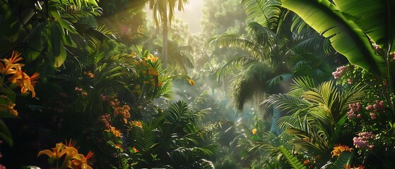 Lush rainforest scene illuminated by soft sunlight, rich in diverse green foliage and vibrant flowers, perfect for promoting travel, nature, or wellness,
