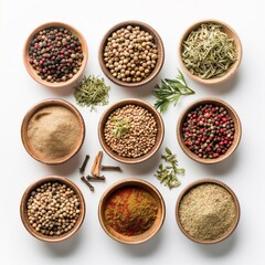 Assorted spices and herbs in small bowls arranged on a white background, emphasizing culinary diversity and flavor.