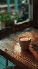 A steaming cup of latte with beautiful latte art sits on a rustic wooden table, bathed in warm natural light near a window, perfect for advertising coffee shops, cafes, or relaxation settings,
