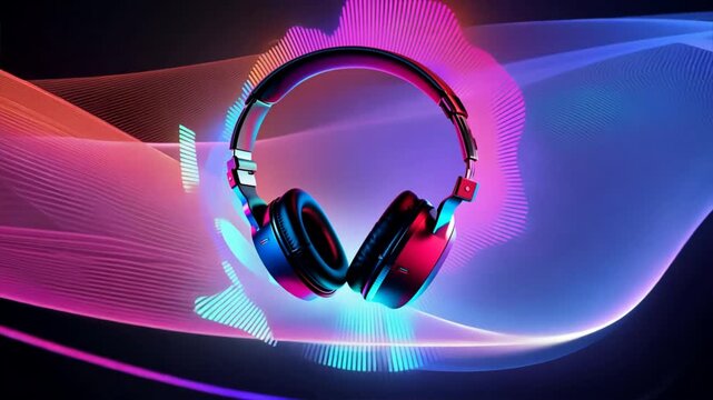 Vector illustration of a glowing background with headphones and DJ equipment, fea