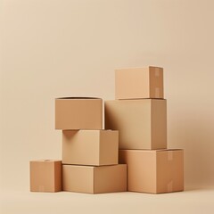 Obraz premium A collection of stacked cardboard boxes on a neutral background, perfect for concepts of shipping, storage, and organization.