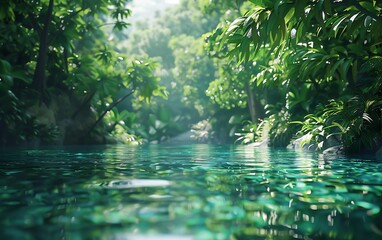 Obraz premium A serene jungle scene featuring lush green foliage and crystal-clear water ideal for nature, relaxation, and eco-themed projects,