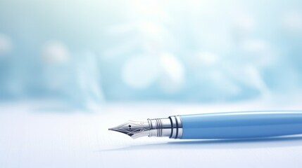 Stylish blue fountain pen on light and wet table close up. Neural network ai generated art