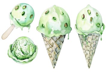 Naklejka premium Artisan Pistachio Ice Cream Delight. Hand-painted Watercolor Dessert in Vibrant Hues