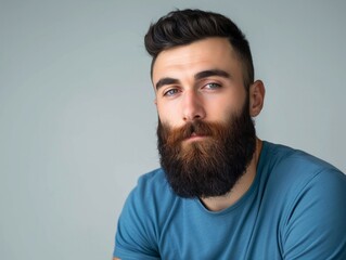 Obraz premium Portrait of a bearded man with dark hair wearing a blue shirt, looking confidently at the camera against a neutral background.
