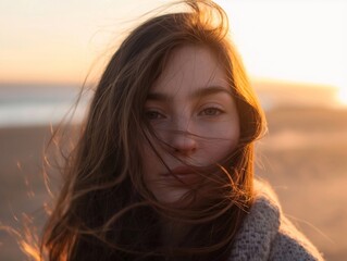 Fototapeta premium Close-up portrait of a young woman with flowing hair, looking at the camera against a beautiful beach sunset.