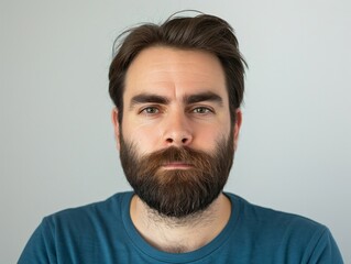 Obraz premium Portrait of a bearded man with dark hair wearing a blue shirt, looking confidently at the camera against a neutral background.