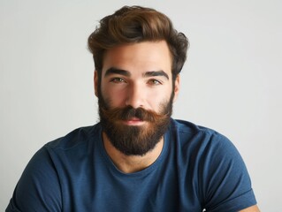 Fototapeta premium Portrait of a bearded man with dark hair wearing a blue shirt, looking confidently at the camera against a neutral background.