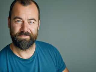 Fototapeta premium Portrait of a confident bearded man wearing a blue shirt, looking directly at the camera with a neutral background.