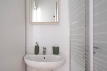 A compact washroom showcasing a white sink with a mirror above, alongside a shower space, embodying simplicity and functionality in a neat and organized setup.