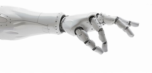 A futuristic robotic arm with a mechanical hand reaches out against a pristine white background, symbolizing advanced technology, innovation, and automation in modern industry and artificial intellige