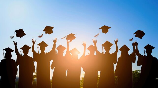 A group of graduates are in the air with their caps and gowns