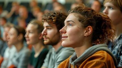 Fototapeta premium Audience member leaning forward attentively during a captivating lecture