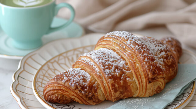 Elegant Breakfast with Croissant and Matcha Latte on Marble Table with Pastel Blue Napkin - Arranged on a White Plate with a Gold Rim