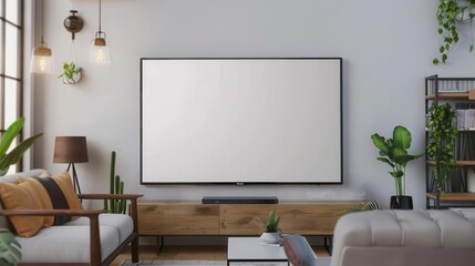 Blank TV screen in a modern living room, home entertainment setup mockup