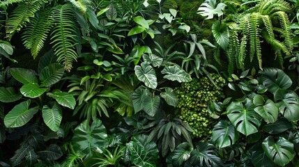 Dark green plants growing in a lush foliage background of tropical leaves like anthurium, epiphytes, or ferns, forming a beautiful green plant wall design in a cloud forest.