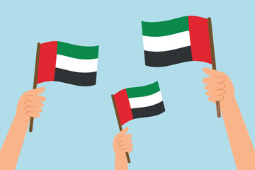 People hands raising flags of UAE. Vector illustration of United Arab Emirates flags in flat style on blue background.