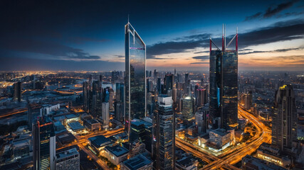 Fototapeta premium Panoramic view of a dazzling cityscape at dusk with illuminated modern skyscrapers and highways.