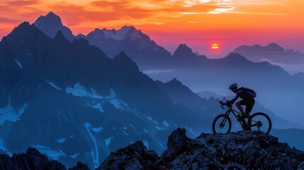 A man is riding a bike on a mountain top at sunset