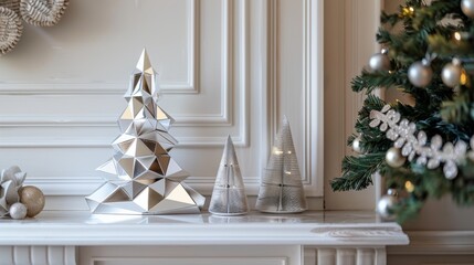 Fototapeta premium modern christmas decor, the chic and modern christmas decor features a silver geometric tree on a white mantelpiece, creating an elegant and festive atmosphere in a cozy winter scene
