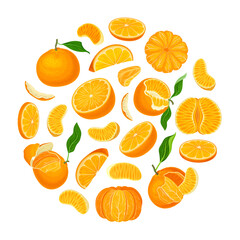 Mandarin Ripe Fruit Round Composition Design Vector Template