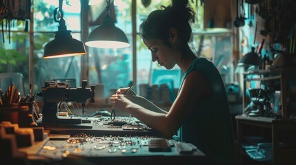 A woman is working on a sewing machine in a dimly lit room