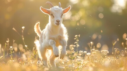 A baby goat leaping in a sunny meadow, morning light