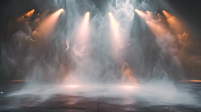 Empty concert stage with illuminated spotlights and smoke. Stage background