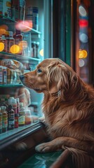 A Golden Retriever Curiously Observing Items Through a Shop Window at Night