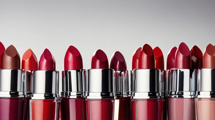 Obraz premium A row of various shades of lipsticks with shiny metal caps displayed against a neutral background.