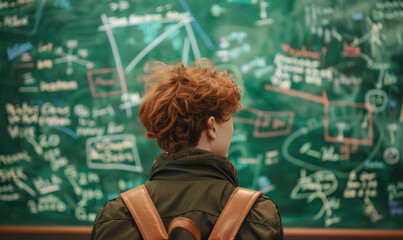 Young person against chalkboard with equations